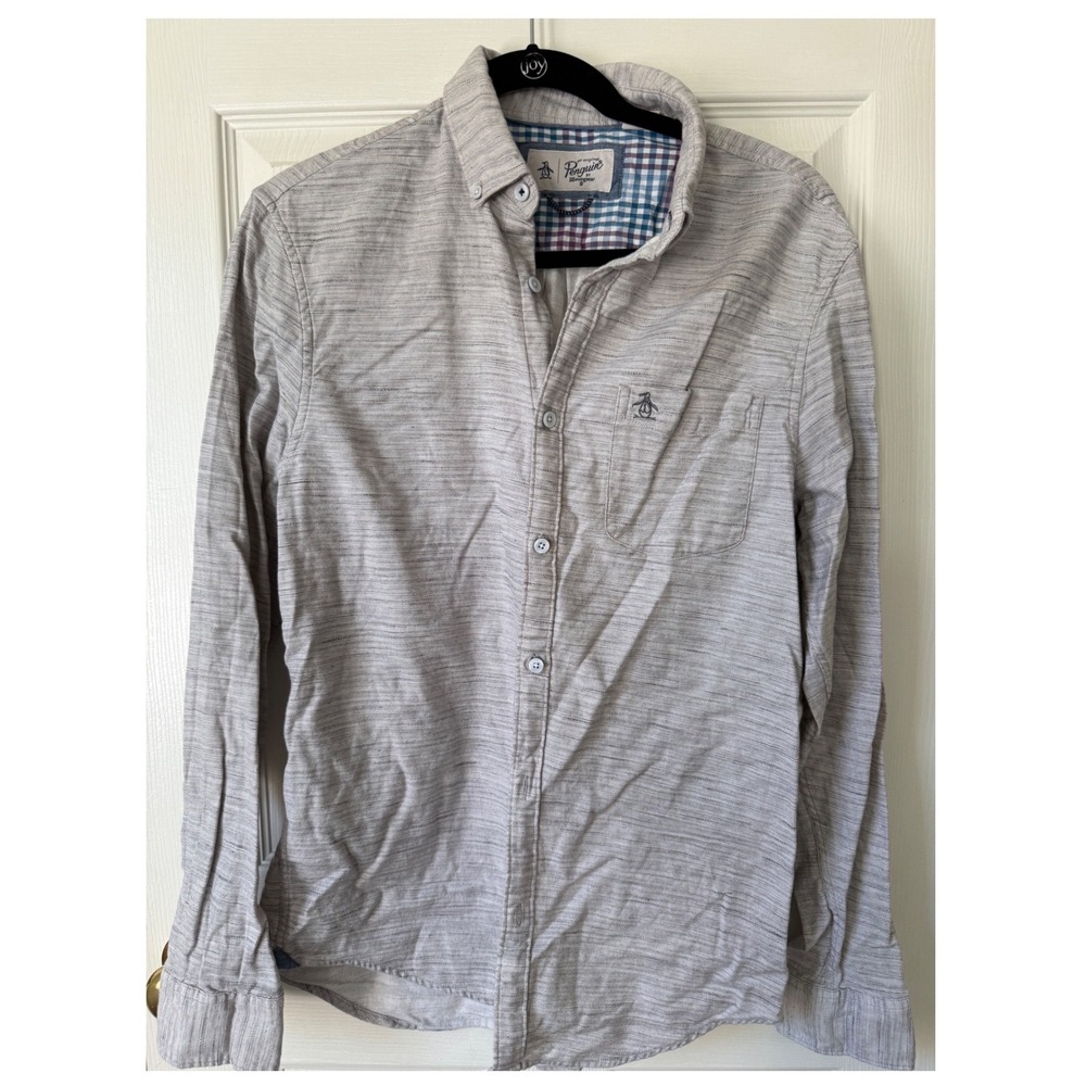 Original Penguin Mens Grey Space Dye Button Down Shirt Long Sleeve Medium OP4665